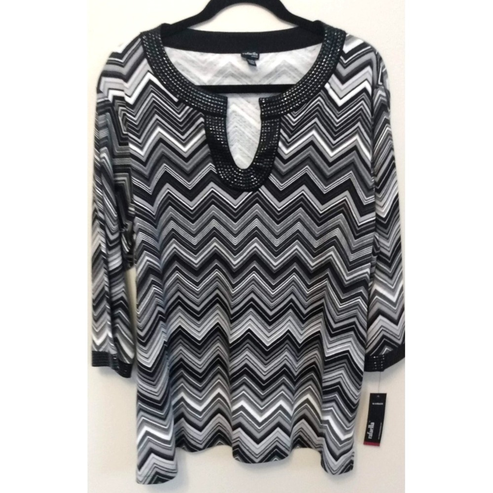 MOD Geometric Beaded Tunic NWT Monochrome Chevron Knit Plus Size 2XL 100% Cotton